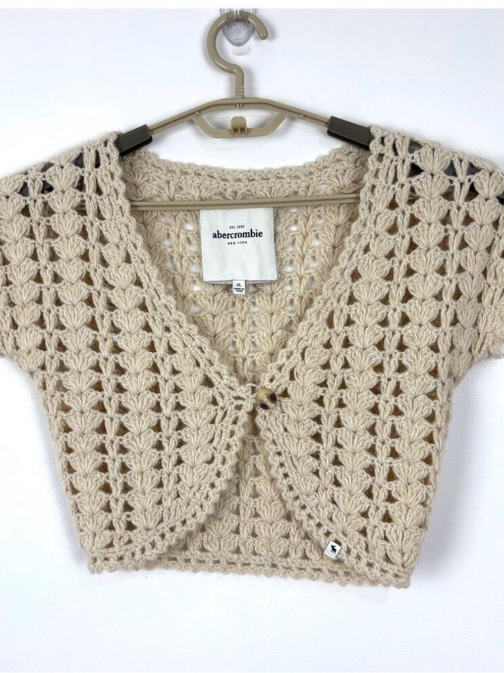 Abercrombie & Fitch Crochet Knit Cropped Cardigan Shrug Y2K XL Beige Festival